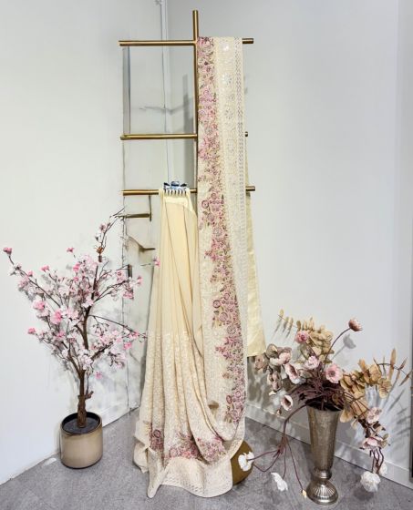 Ivory Chikankari Gorget Saree Floral Border