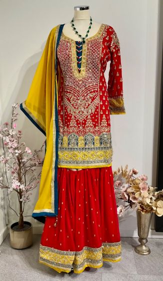 Red Ghrara With Yellow Duppata