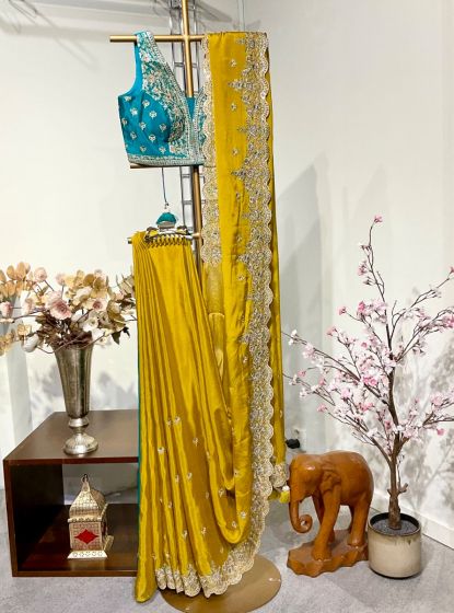 Mustered Yellow chinon silk saree 
