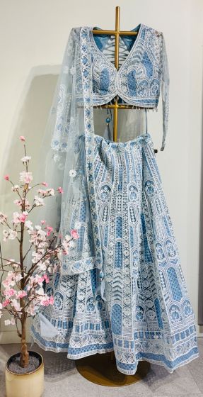 Turquoise Blue Net Lehenga