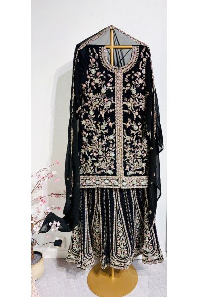Black Multi Colour Thread Sharara