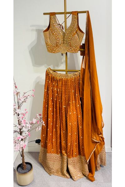 Rust Orange Shimmer Silk Lehenga 