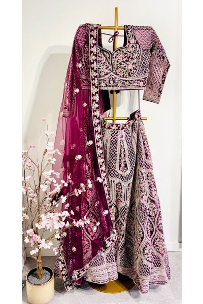 Dark Wine Colour full Embroidery Net Lehenga 