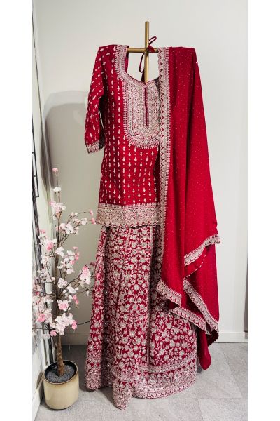 Deep Pink Gorget Lehenga With Long Choli