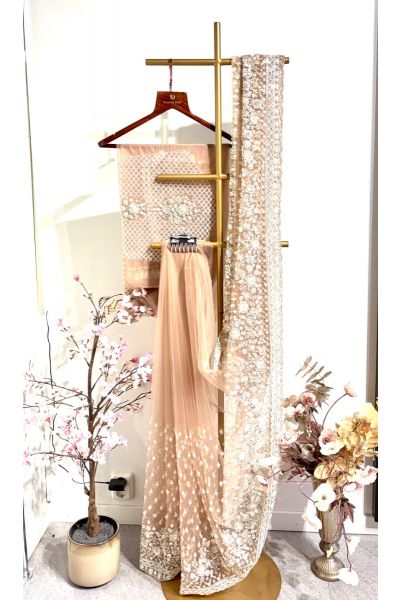 Light Peach Heavy Embroidery Net Saree
