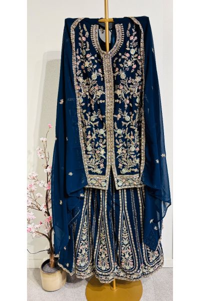 Blue Sharara With Multi Colour Thread Design