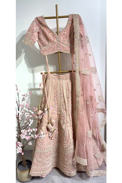 Light Baby Pink Organza Lehenga With Thread Work