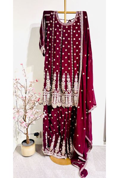 Deep Wine Colour Gorget With Heavy Embrodery Gharara