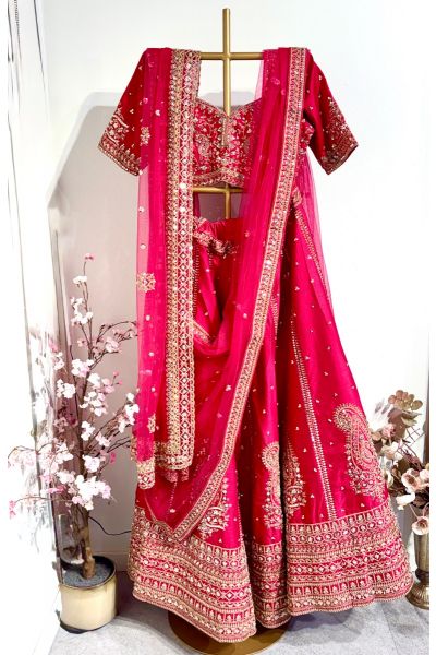 Bright Hot Pink Raw silk  Wedding Lehenga