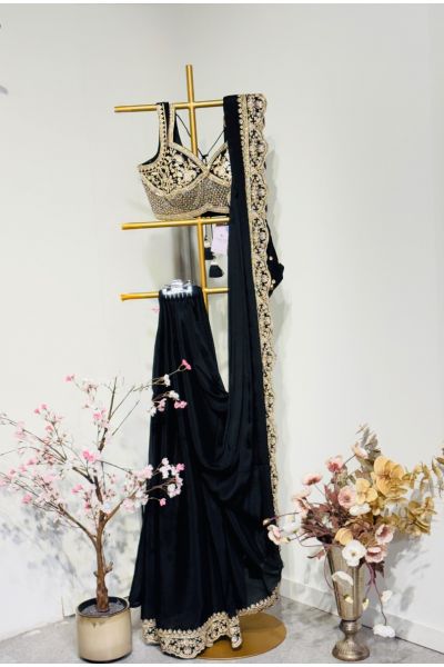 Black Chiffon Silk With Gold Embroidery