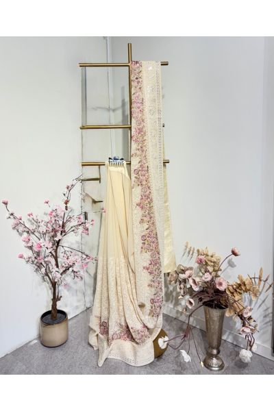 Ivory Chikankari Gorget Saree Floral Border