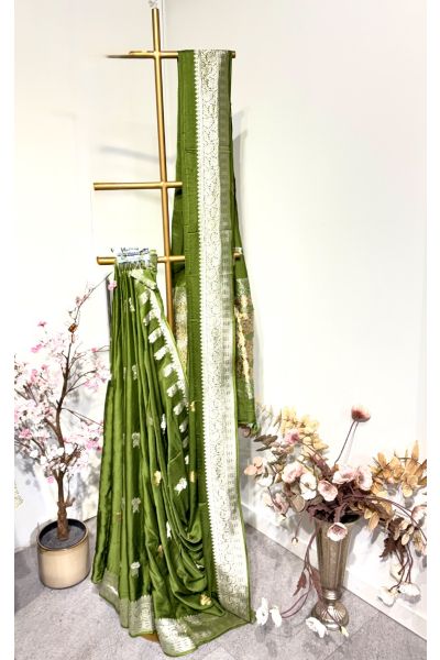 Olive Green Satin Banaras Saree