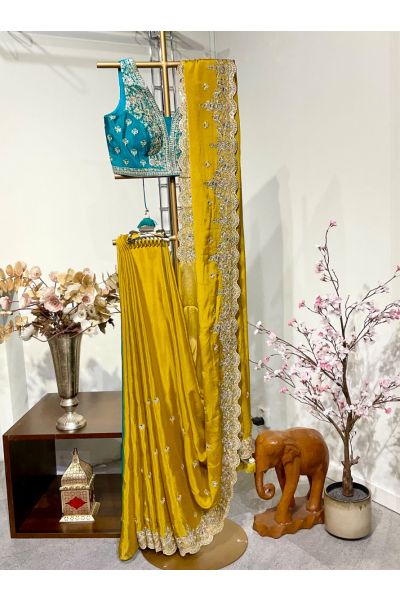 Mustered Yellow chinon silk saree 
