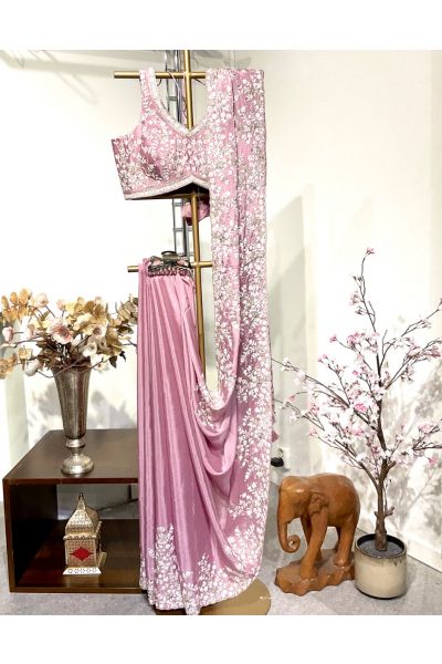 Baby Pink Chiffon Silk Saree with Thread work