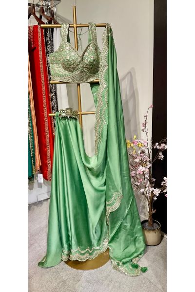 Sage Green Satin Silk Saree