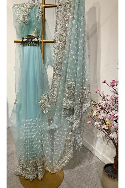 Light Mint Green Heavy Embrodery Net Saree