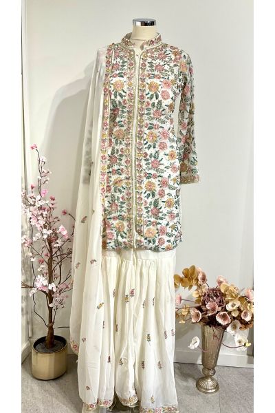 Ivory Sharara With Multi Colour Thread Work Design