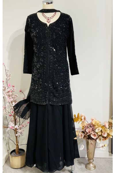 Black Sharara with Cut Beads Work