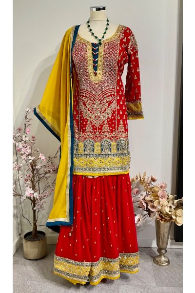Red Ghrara With Yellow Duppata