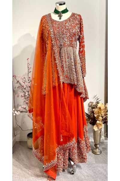 Rust Orange Heavy Embrodery Peplum Suit