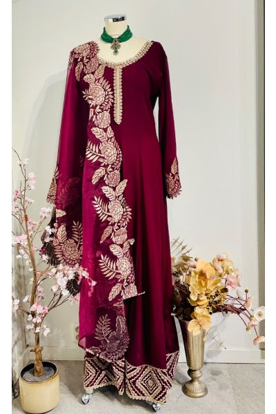 Pink wine shade long gown with cut work border 
