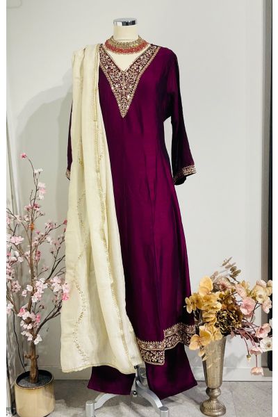 Dark Wine Colour Silk Suit
