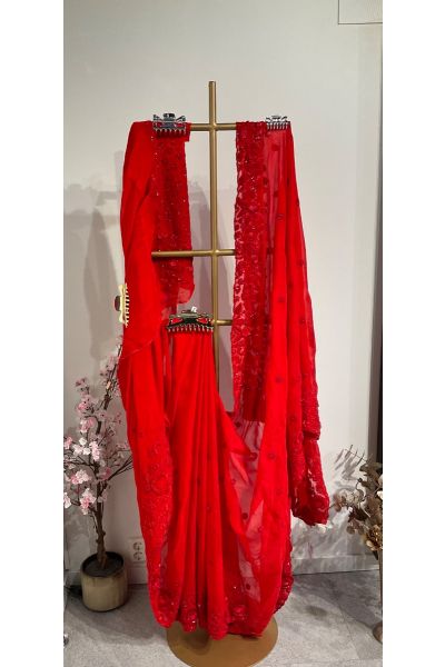 Chilli Red soft organza silk saree with 3D flower design 
