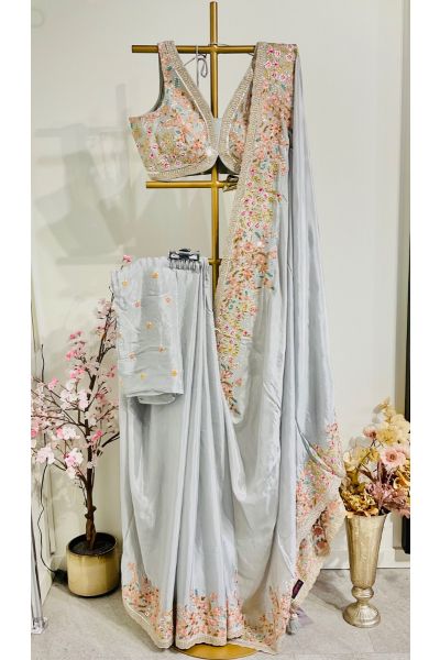 Gray chiffon silk with designer blouse 