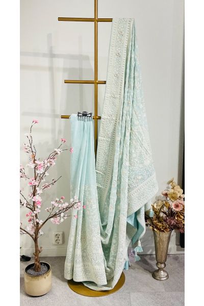 Light aqua Blue chikankari saree