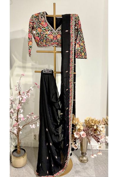 Black chiffon silk saree with multi thread design 