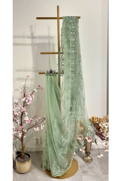 Mint green net saree