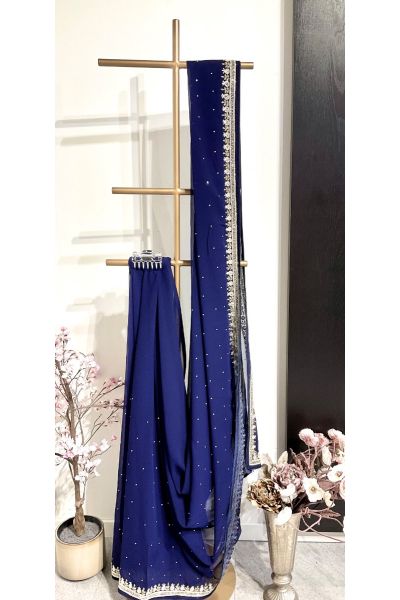 Navy Blue Gold Cut Beads Satin Saree