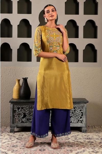 Yellow Embroidered Straight-Long Kurta set