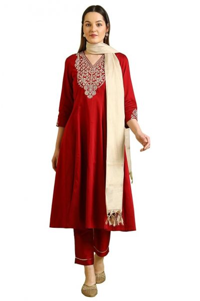 Woman Embroidered Anarkali Kurta, Slim Pants And Dupatta Set