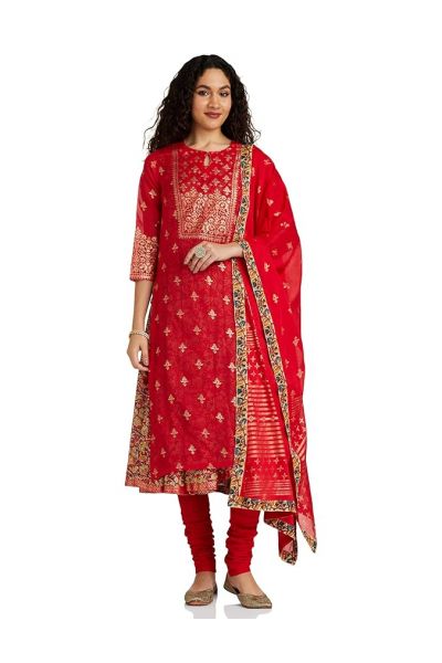 Women Double Layered Kurta Churidar Suit Set