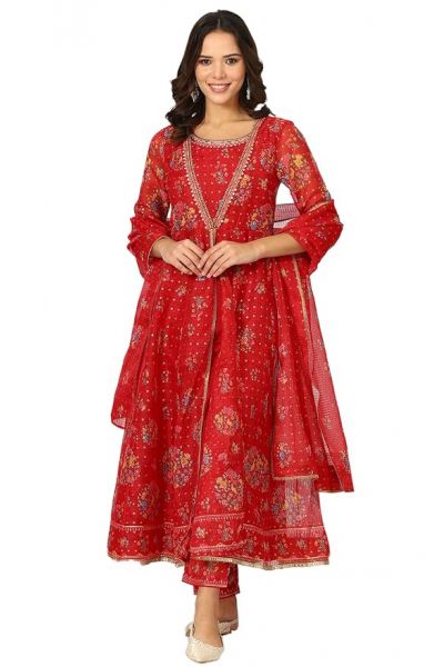 Woman Embroidered Flared Kota Kurta, Straight Pants and Dupatta