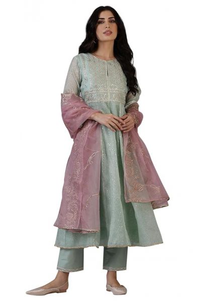 Women's Flared Kota Kurta and Pant with Dupatta Set