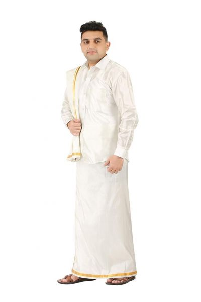 Mens Silk Shirt, Double Layer Mulam Dhoti, and Single Towel