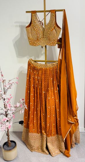 Rust Orange Shimmer Silk Lehenga 