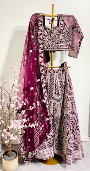 Dark Wine Colour full Embroidery Net Lehenga 