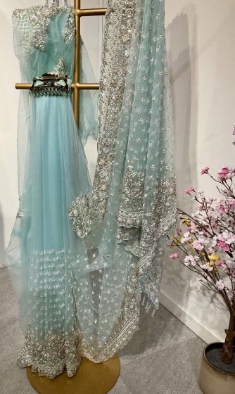 Light Mint Green Heavy Embrodery Net Saree