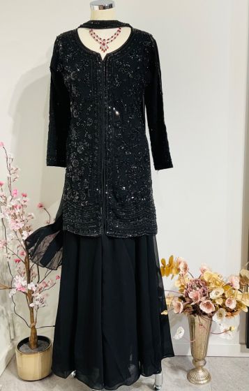Black Sharara with Cut Beads Work
