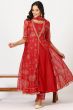 Woman Embroidered Flared Kota Kurta, Straight Pants and Dupatta