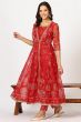 Woman Embroidered Flared Kota Kurta, Straight Pants and Dupatta