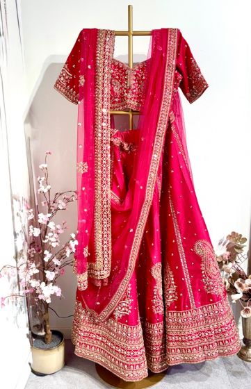 Bright Hot Pink Raw silk  Wedding Lehenga