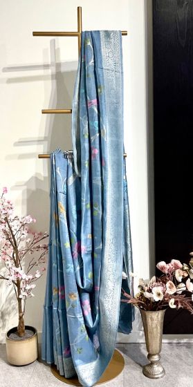 Gray Flower Weave Silk Saree