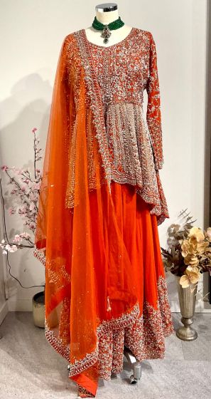 Rust Orange Heavy Embrodery Peplum Suit