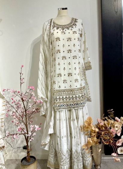 Ivory Heavy Mirror Work Gharara