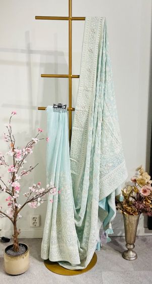 Light aqua Blue chikankari saree