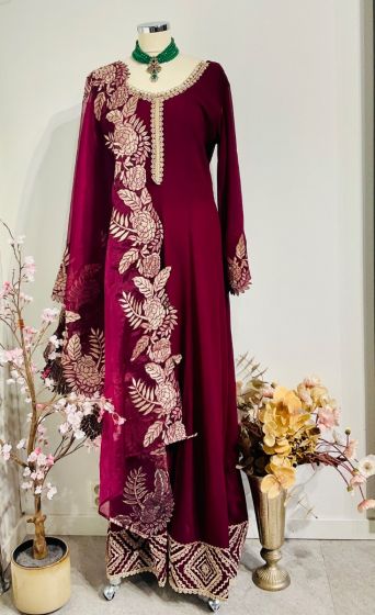 Pink wine shade long gown with cut work border 